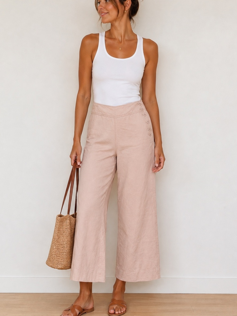 Anthropologie Cartonnier Pink Wide Leg Linen Blend Pants Cropped Size 12